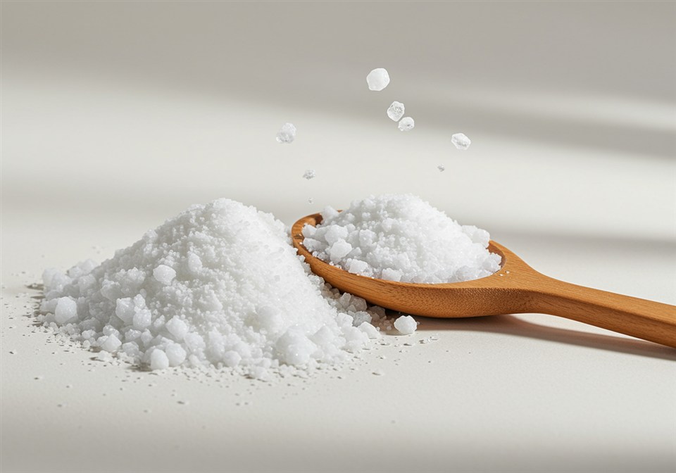 L-Carnitine powder in a wooden spoon